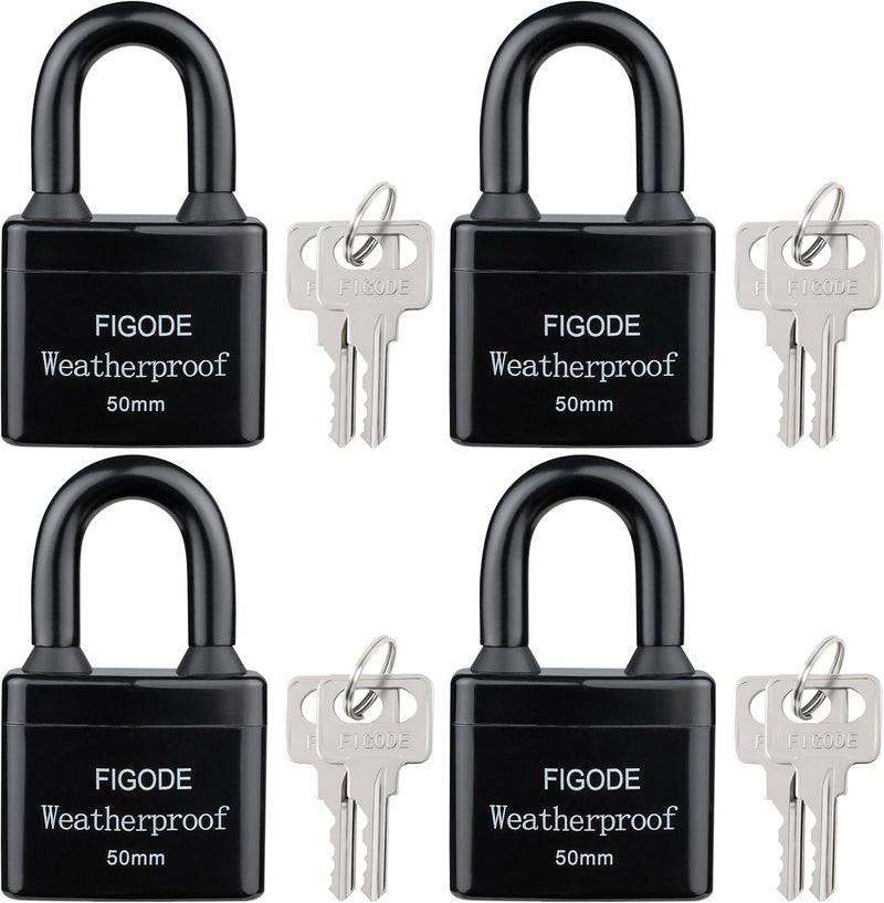 FIGODE ® Outdoor Waterproof Padlocks, Covered Heavy Duty Laminated Steel Locks, Large Sturdy Locks, 2.2 in. Wide, 4 Locks Same Key, Standard Shackle - Image 1